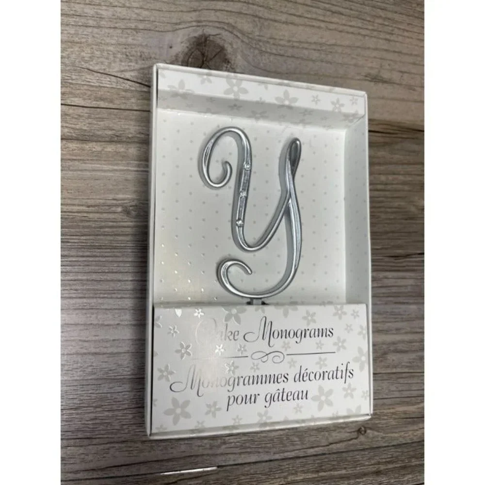 Wedding Small Y Silver Finish Monogram Initial Rhinestones Cake Topper